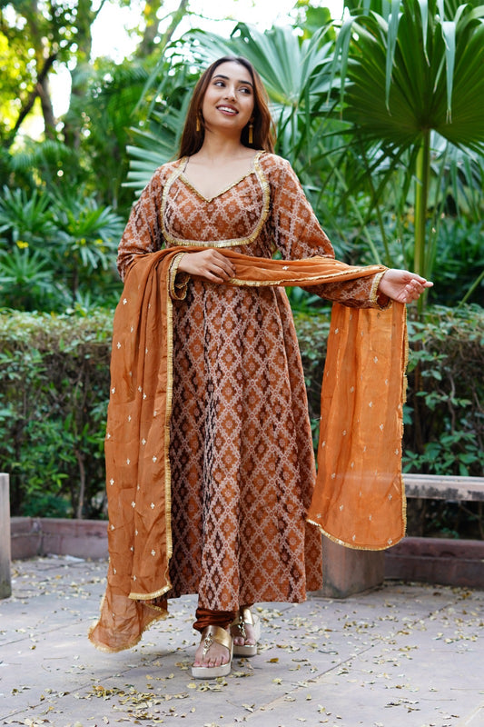 Double shade brown Banarasi Anarkali -3 pc set