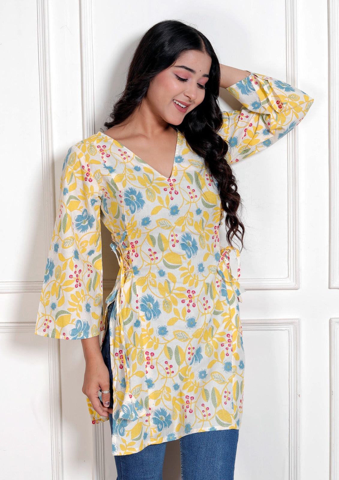 Yellow Flower Side Corset Kurti