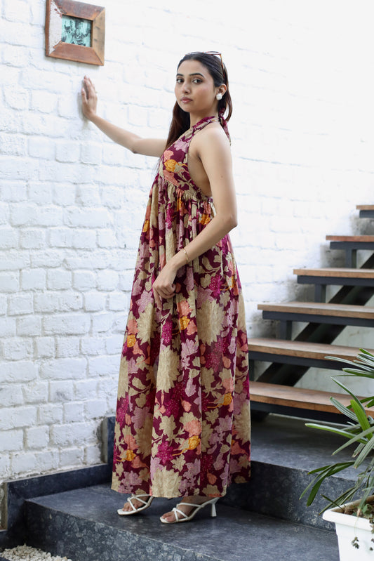 Wine Floral Silk Halter Maxi Dress