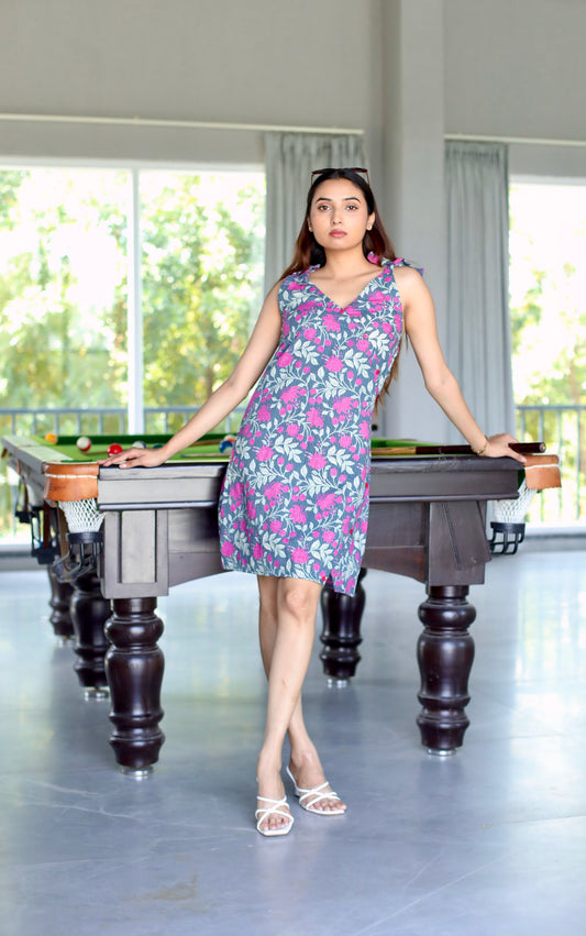 Grey Pink Kantha Cotton Summer Dress