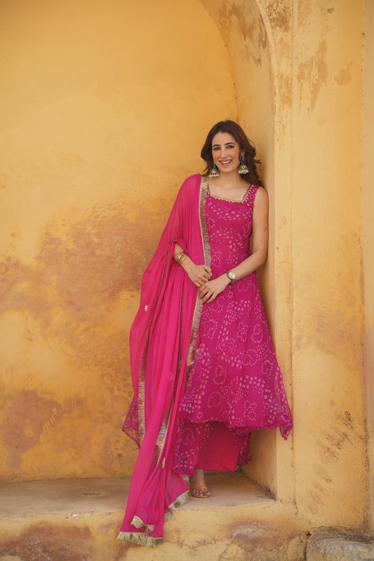 Hot Pink Bandhani Chiffon Anarkali Suit