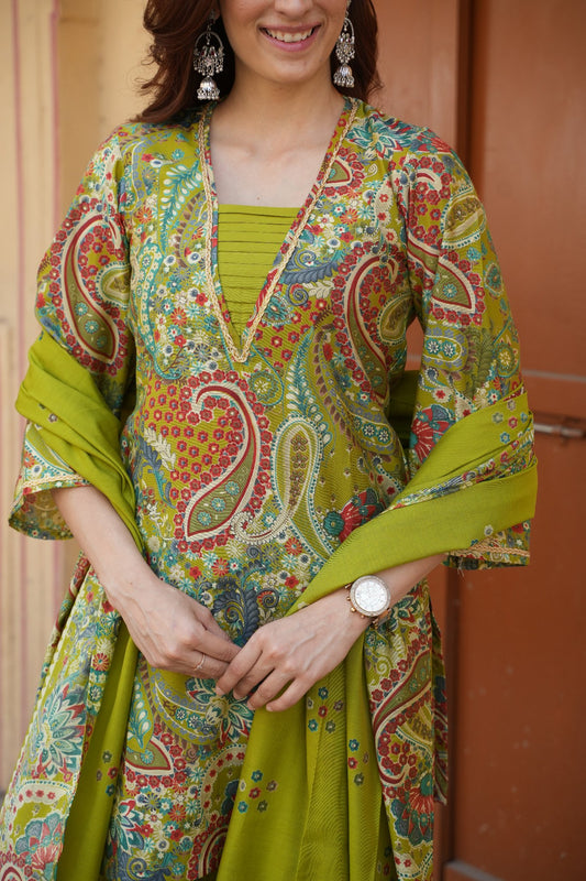 Olive Green Modal Silk Farshi Salwar Suit Set with Silk Dupatta