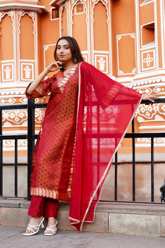 Aabha Maroon Banarasi -3 pc suit set