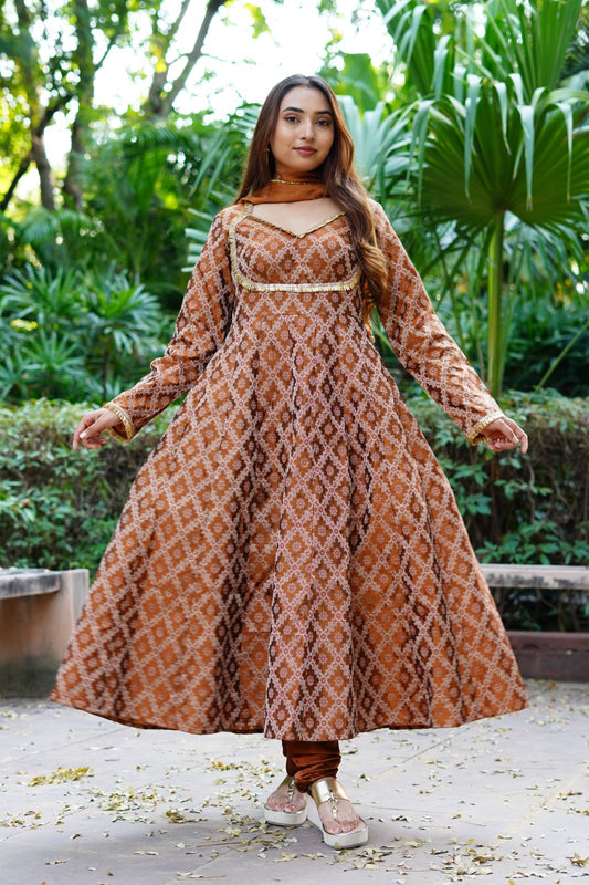 Double shade brown Banarasi Anarkali -3 pc set