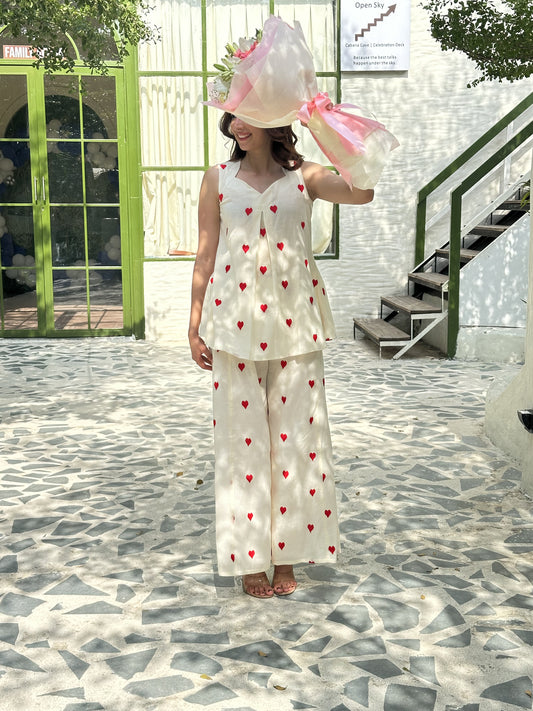 Ivory Heart Embroidered Cotton Palazzo Set