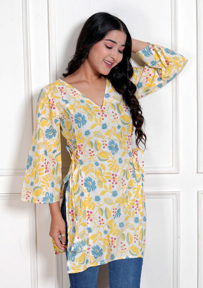 Yellow Flower Side Corset Kurti