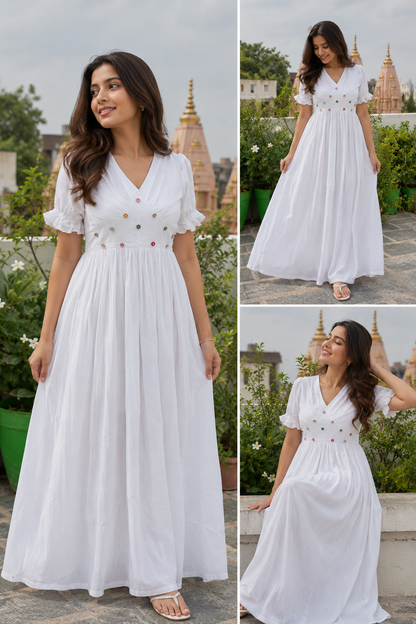 Off White V neck Maxi Dress