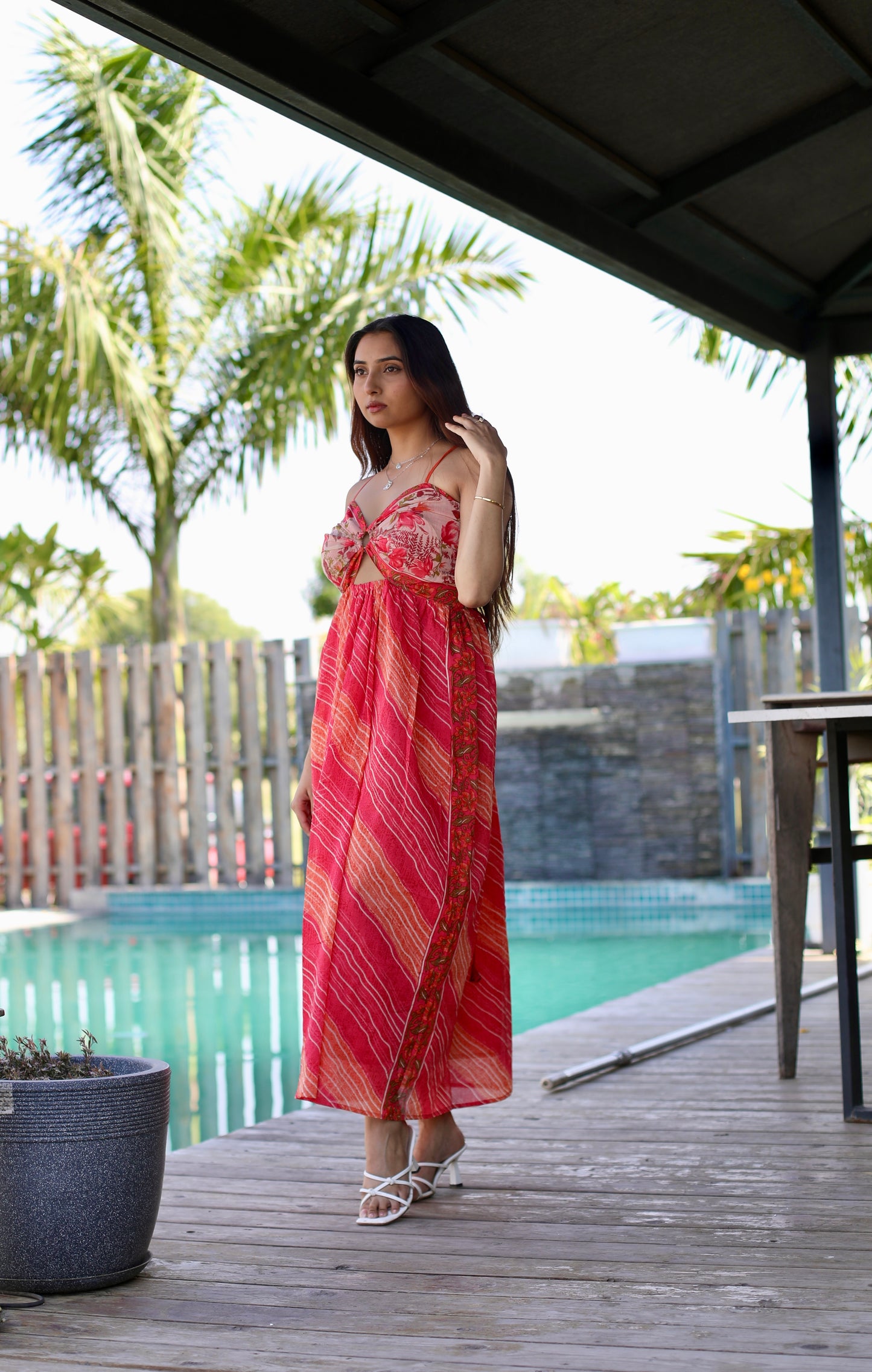 Peach Floral Print Backless Cotton Dress