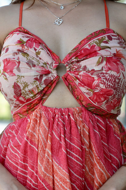 Peach Floral Print Backless Cotton Dress