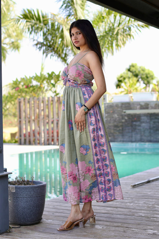 Mint Green Floral Print Backless Cotton Dress