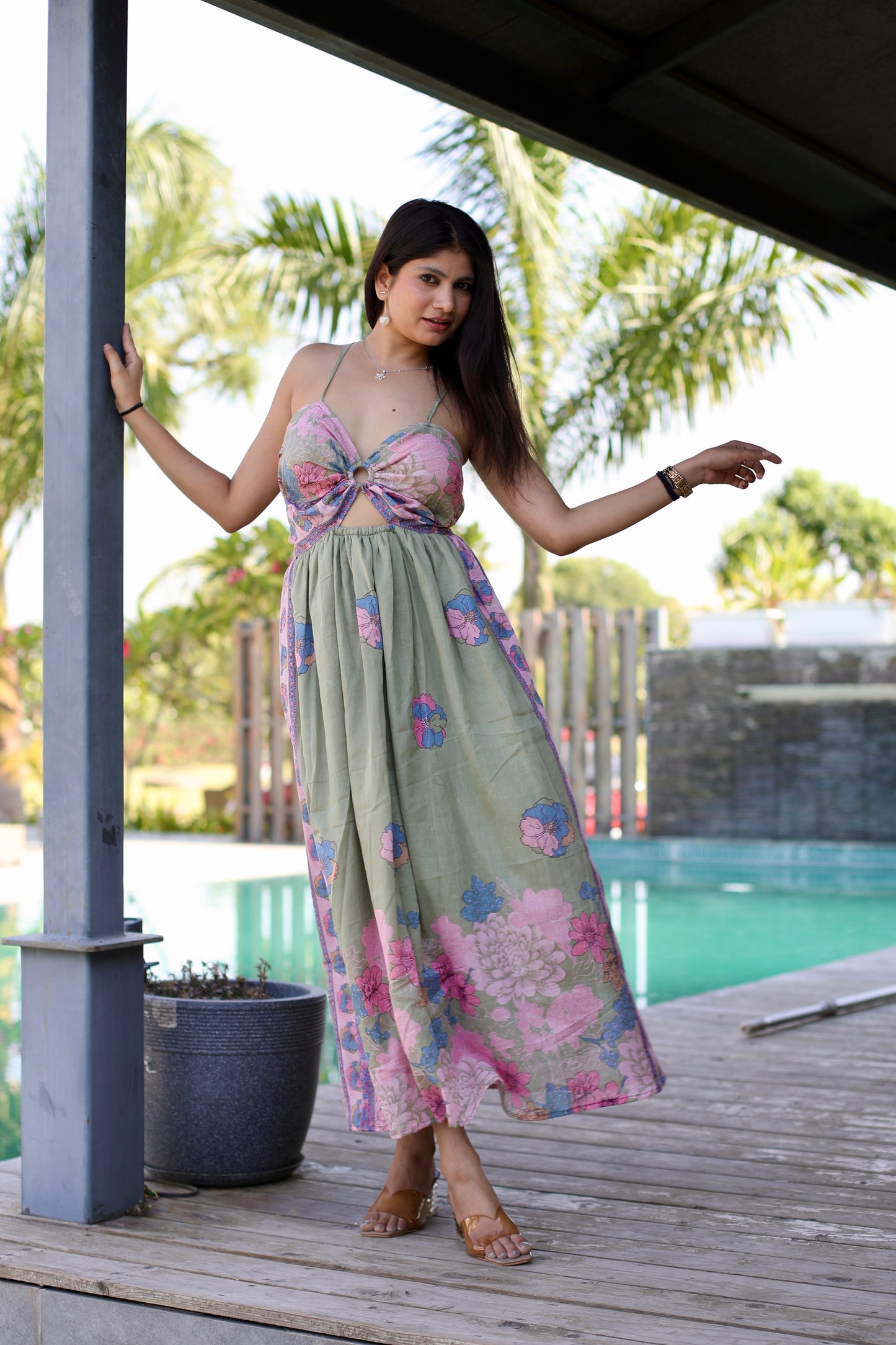 Mint Green Floral Print Backless Cotton Dress