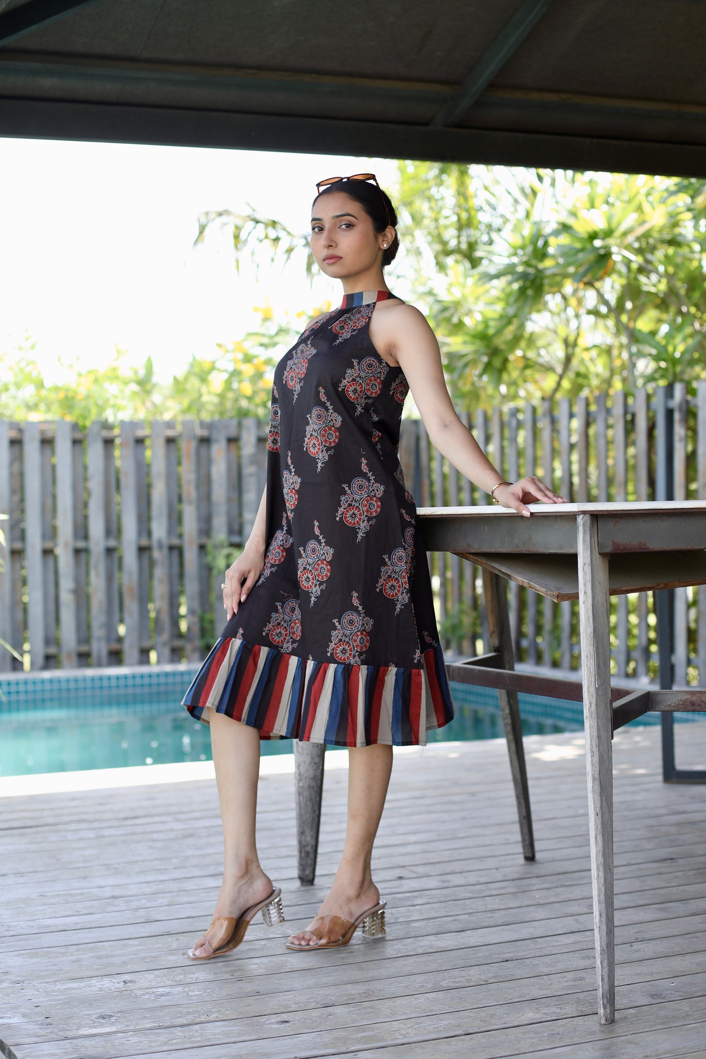 Black Floral Halter Neck Cotton Dress