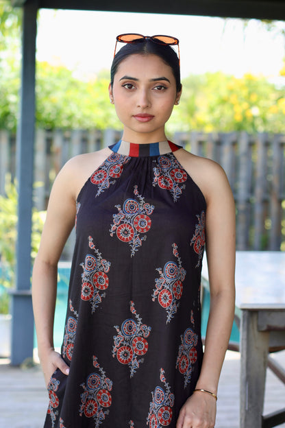 Black Floral Halter Neck Cotton Dress