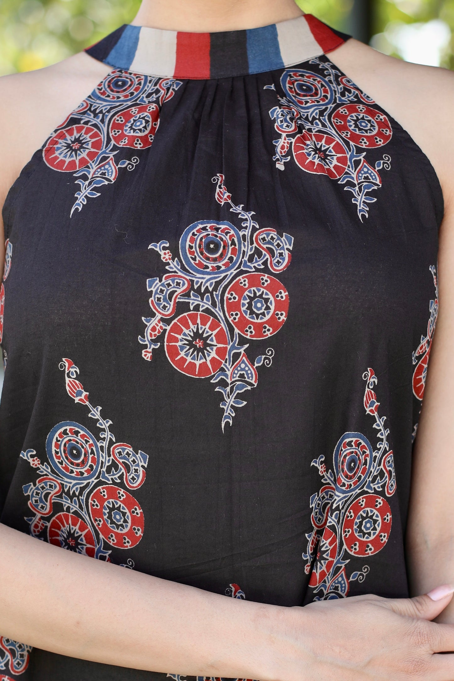 Black Floral Halter Neck Cotton Dress