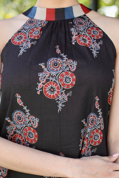 Black Floral Halter Neck Cotton Dress