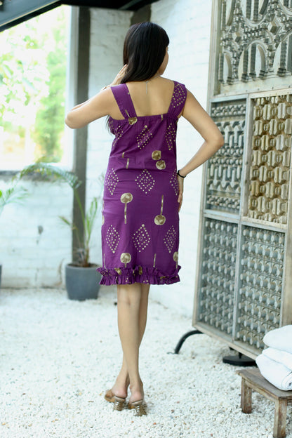Plum Gold Tie-Up Mini Cotton  Dress