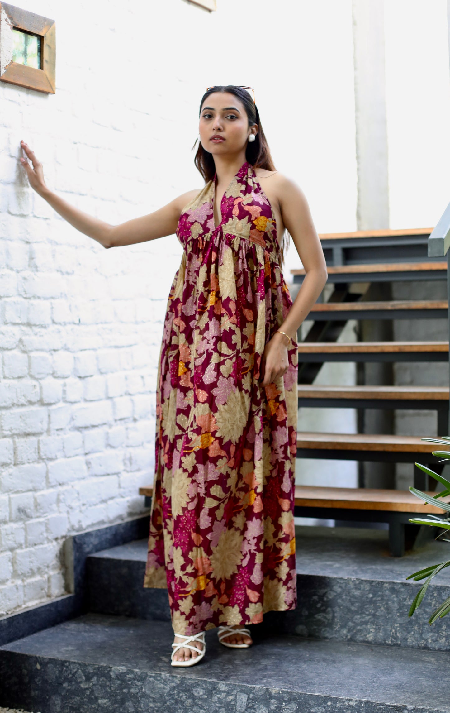 Wine Floral Silk Halter Maxi Dress