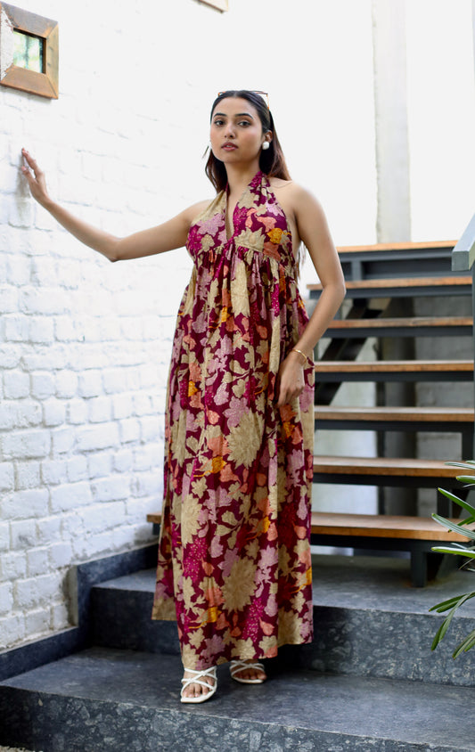 Wine Floral Silk Halter Maxi Dress