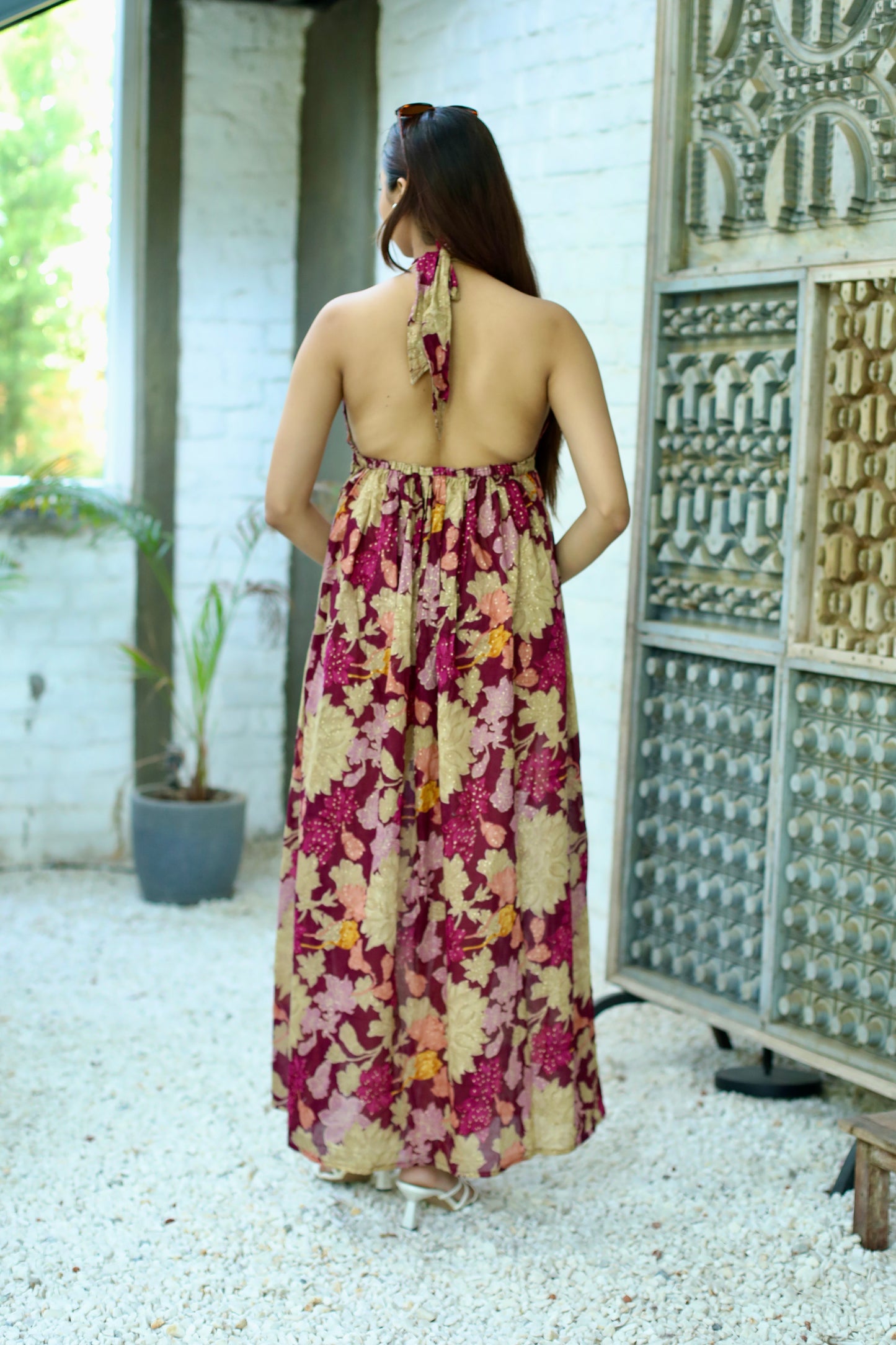 Wine Floral Silk Halter Maxi Dress