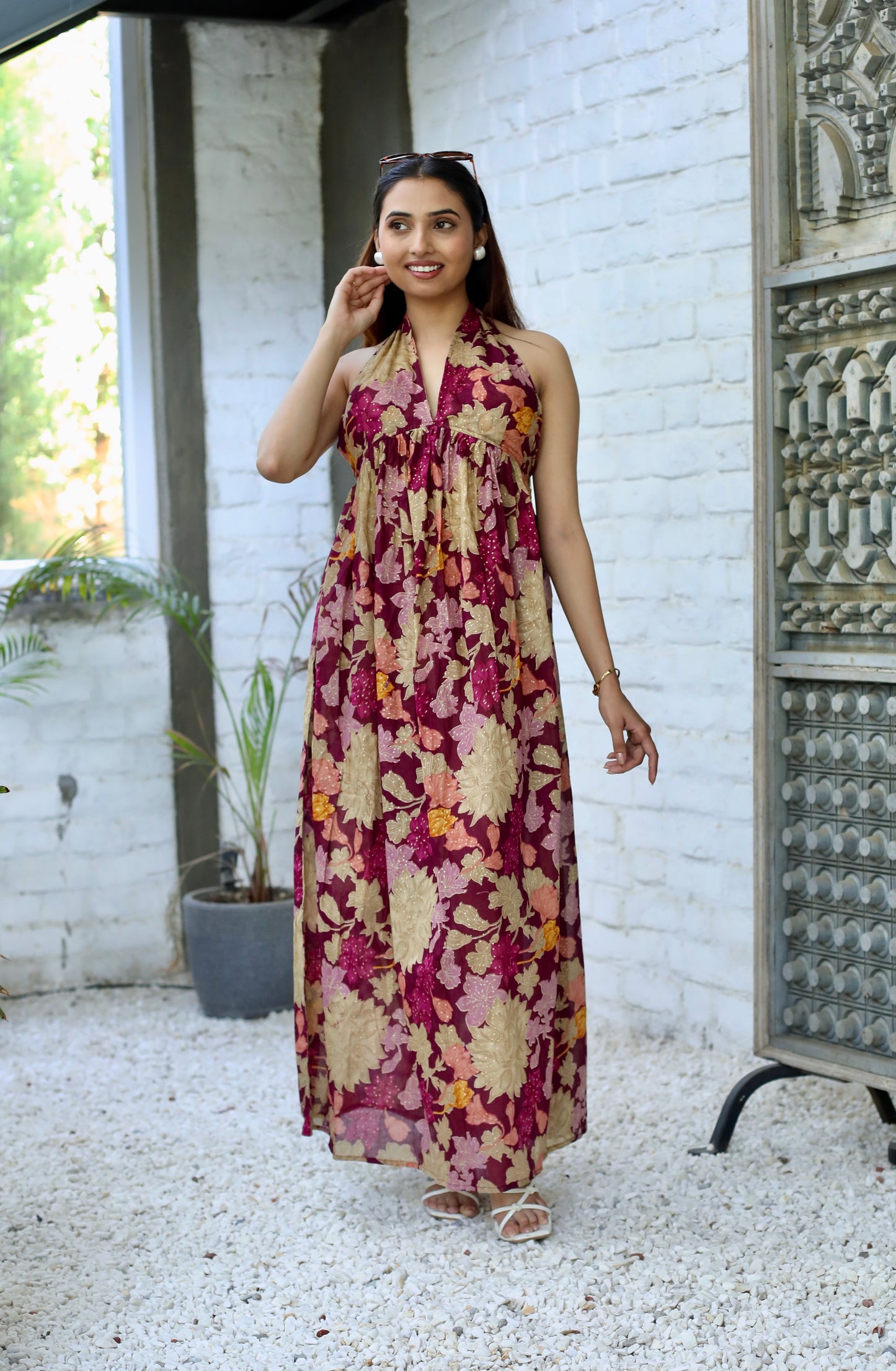 Wine Floral Silk Halter Maxi Dress