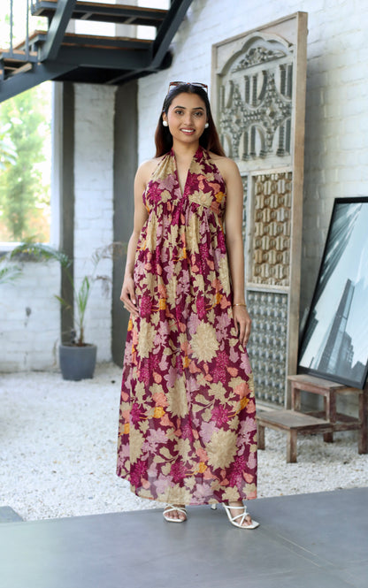 Wine Floral Silk Halter Maxi Dress