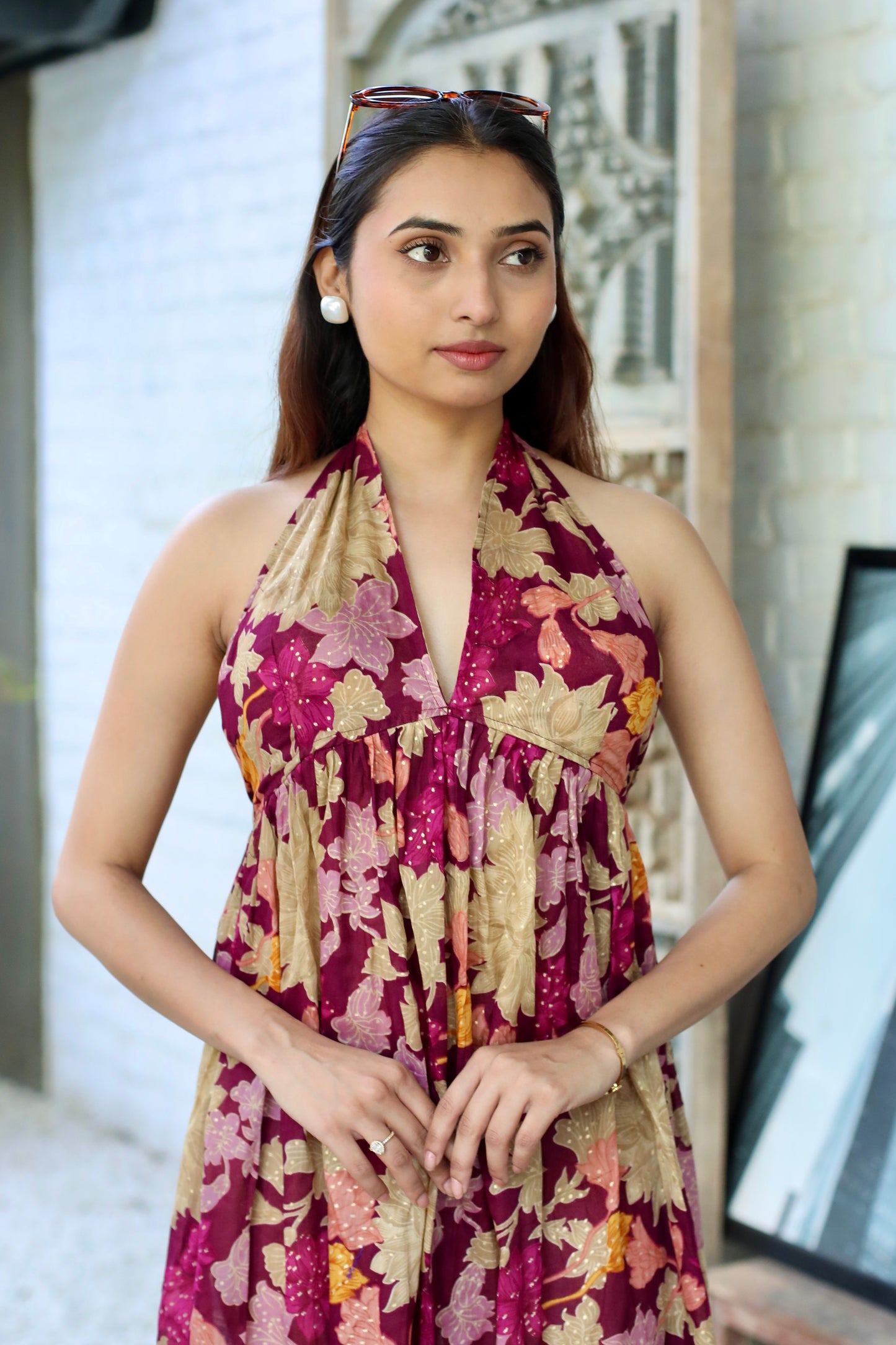 Wine Floral Silk Halter Maxi Dress