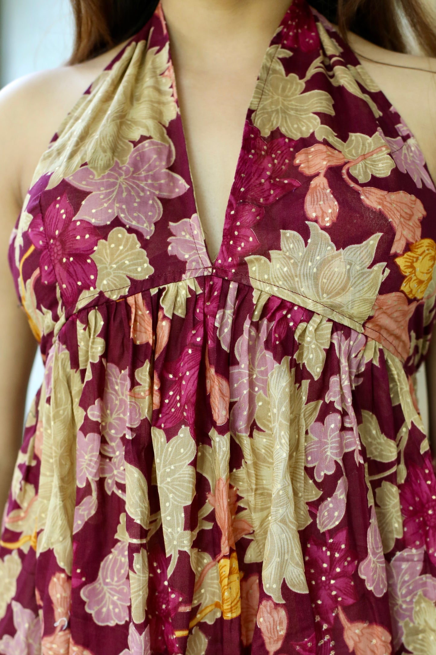Wine Floral Silk Halter Maxi Dress