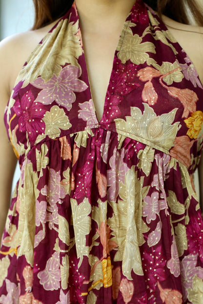 Wine Floral Silk Halter Maxi Dress