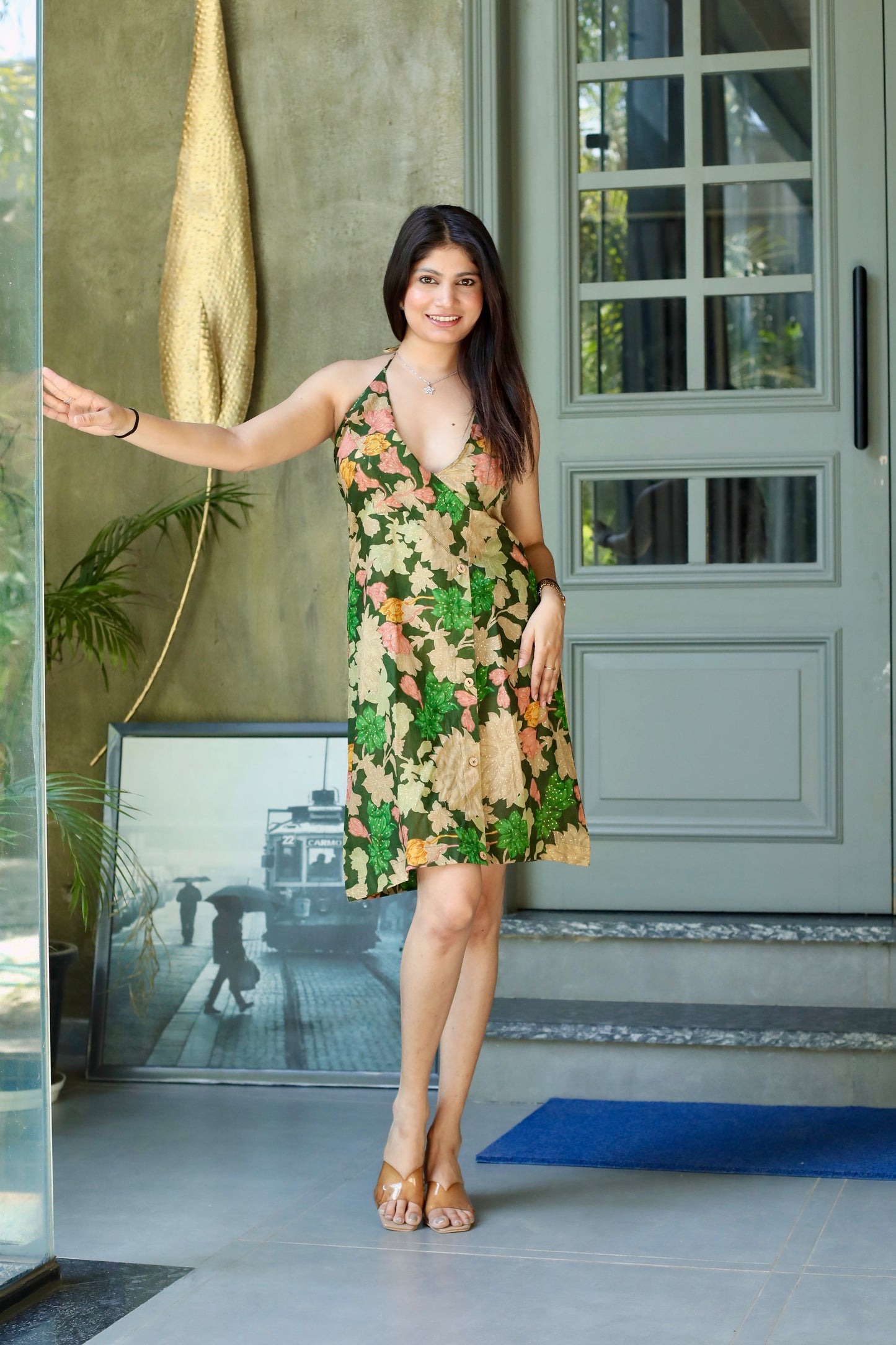 Green Silk Floral Backless Halter Dress
