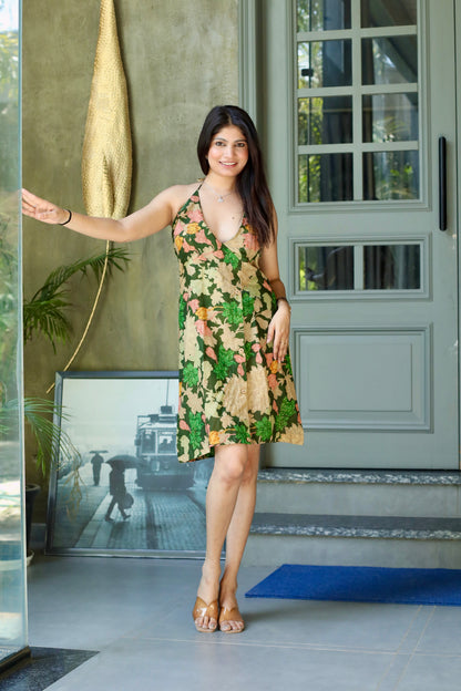 Green Silk Floral Backless Halter Dress