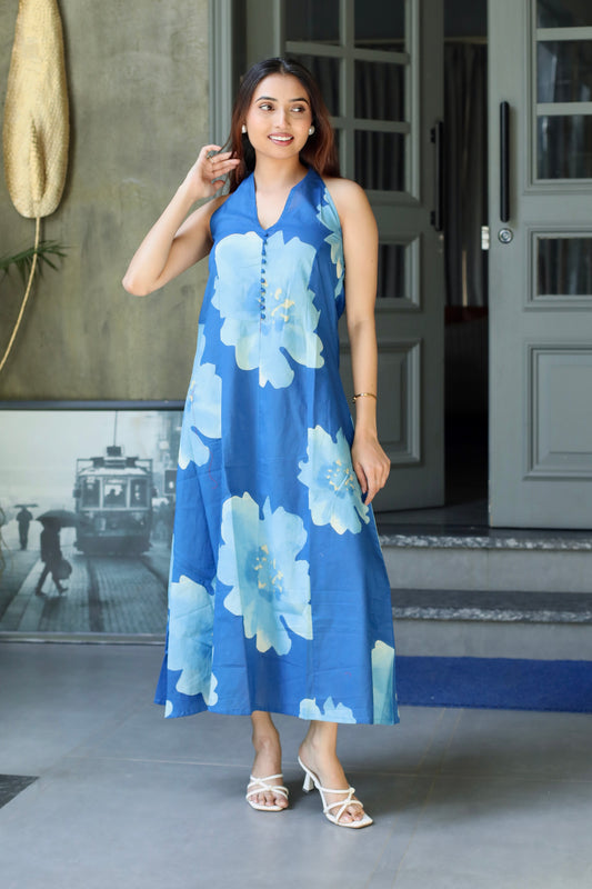 Blue Floral Backless Maxi Dress