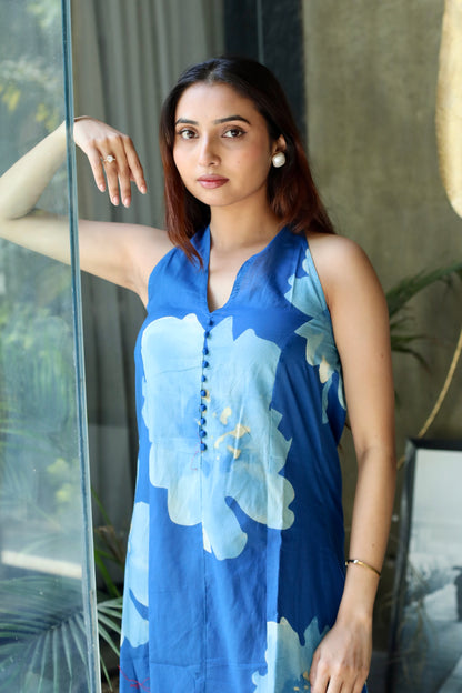 Blue Floral Backless Maxi Dress