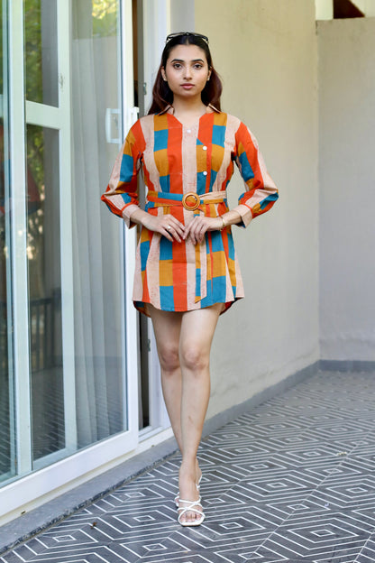 Multicolour Stripe Belted Cotton Shirt Dress