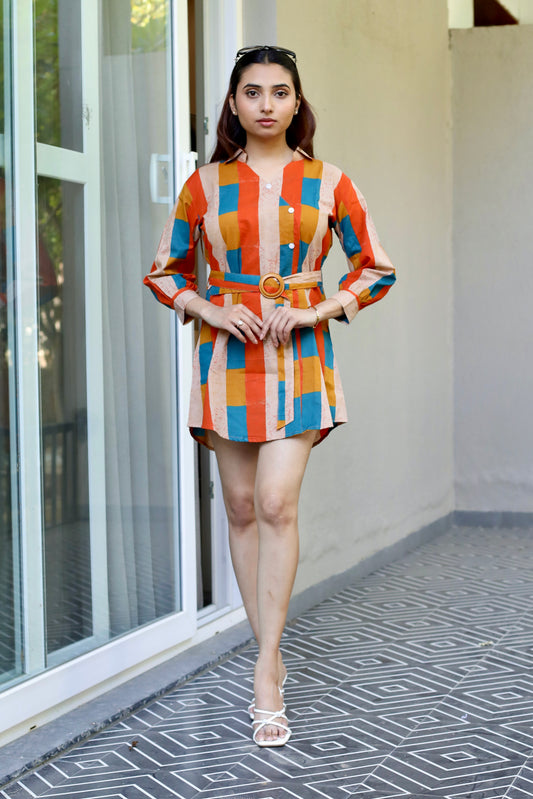 Multicolour Stripe Belted Cotton Shirt Dress