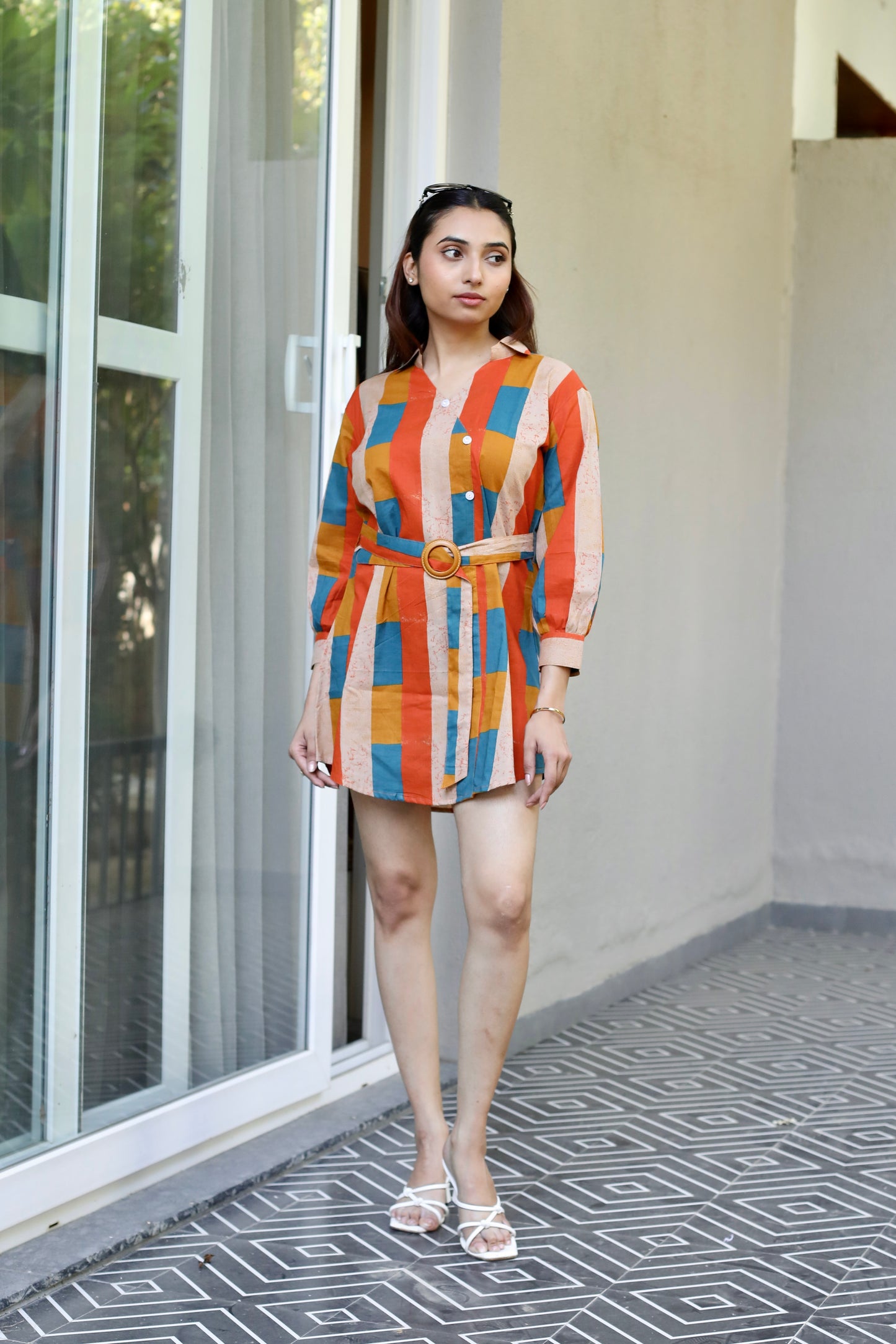 Multicolour Stripe Belted Cotton Shirt Dress