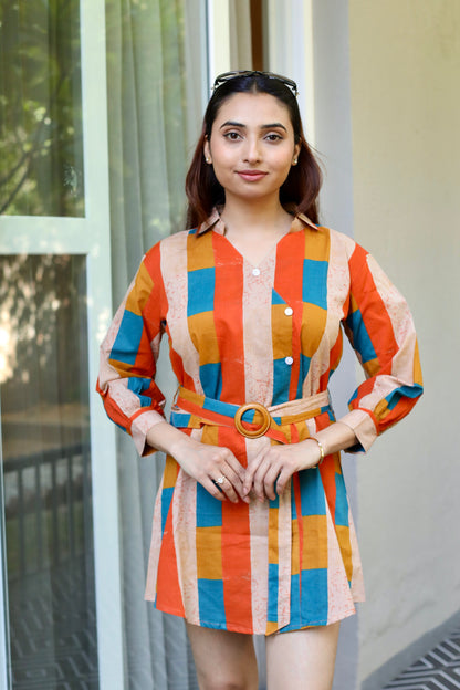 Multicolour Stripe Belted Cotton Shirt Dress
