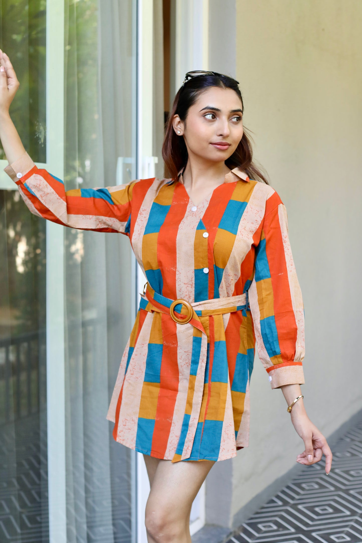Multicolour Stripe Belted Cotton Shirt Dress