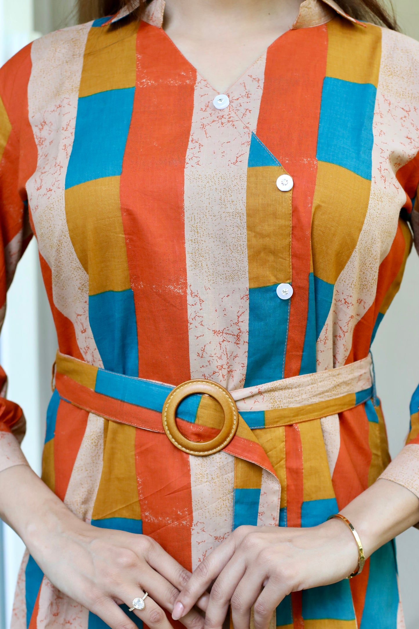 Multicolour Stripe Belted Cotton Shirt Dress