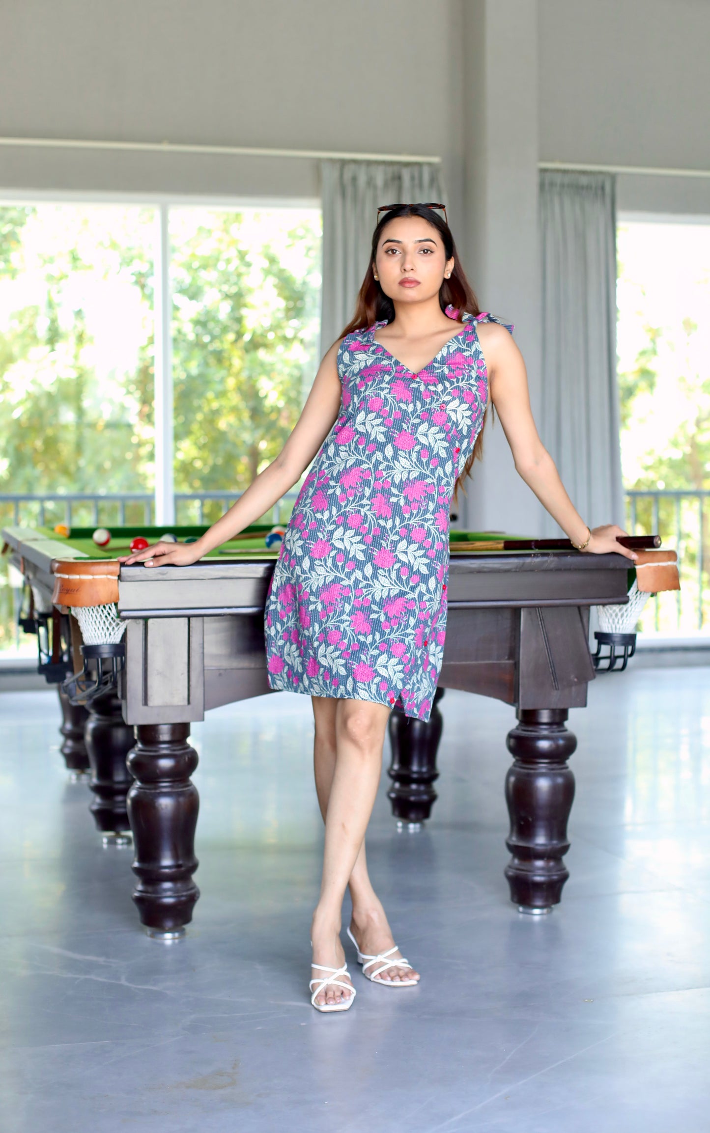 Grey Pink Kantha Cotton Summer Dress