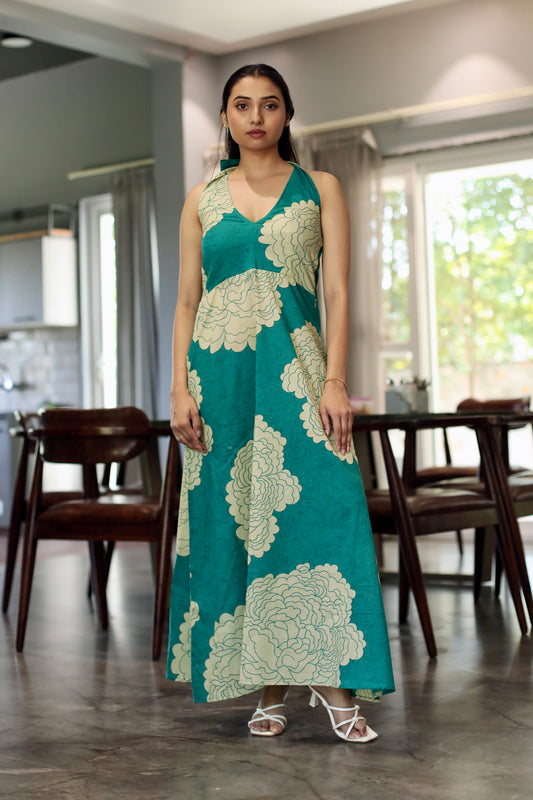 Green Backless Halter Neck Maxi Dress