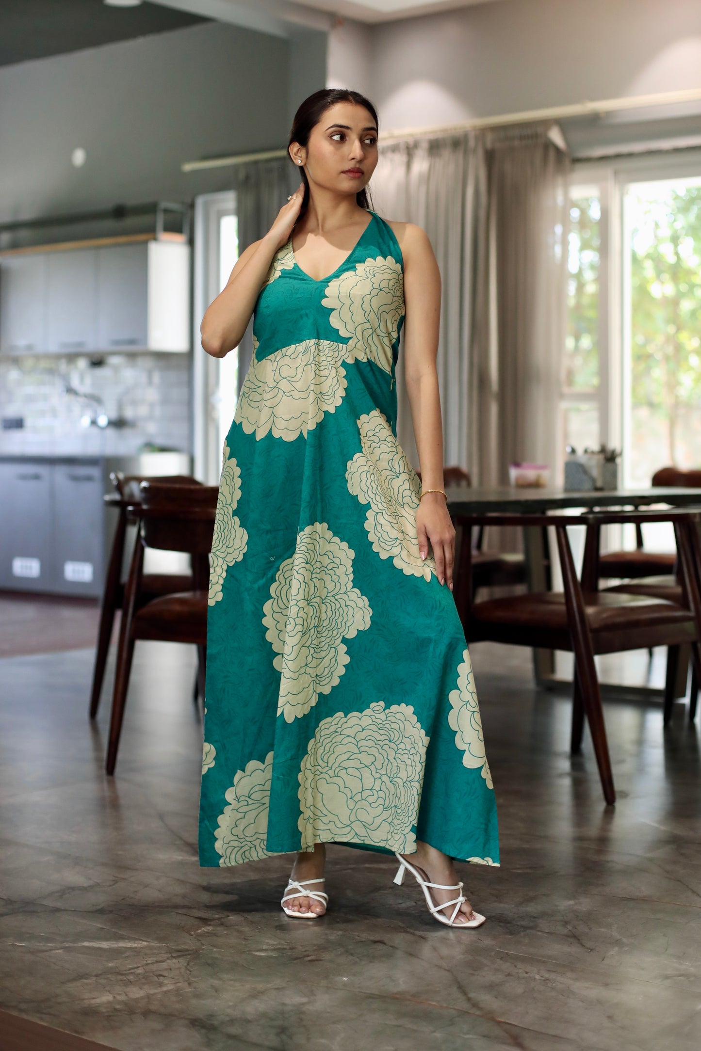 Green Backless Halter Neck Maxi Dress