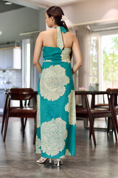 Green Backless Halter Neck Maxi Dress