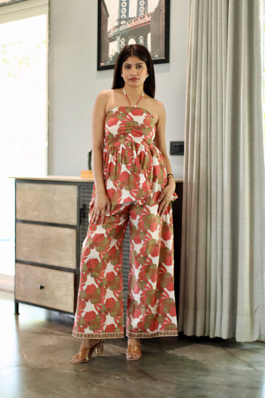 Ivory Floral Halter Peplum Co-ord Set