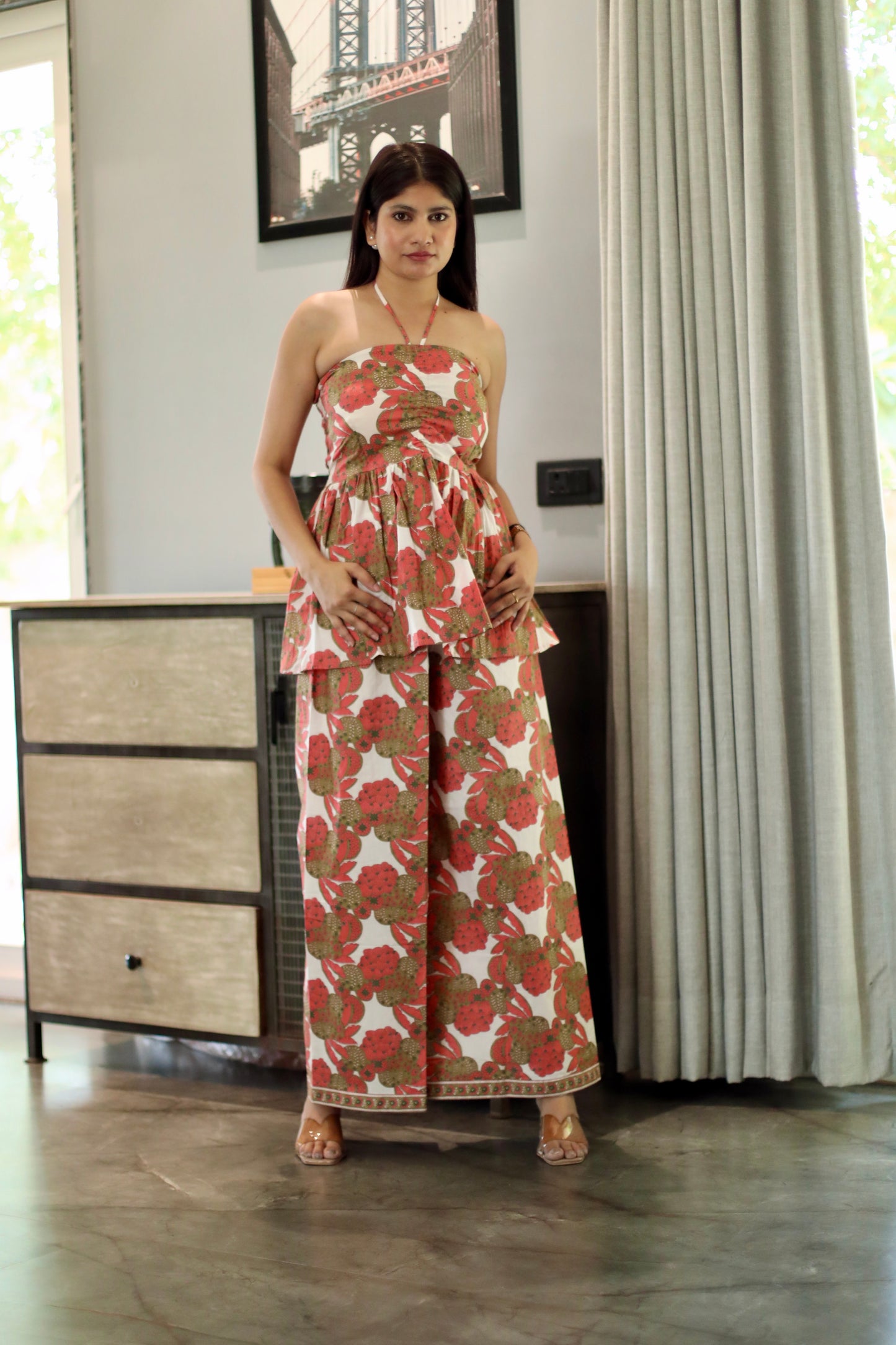 Ivory Floral Halter Peplum Co-ord Set