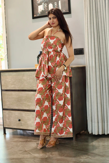 Ivory Floral Halter Peplum Co-ord Set