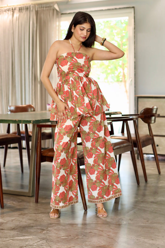 Ivory Floral Halter Peplum Co-ord Set