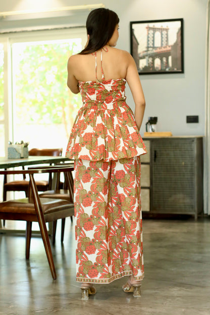 Ivory Floral Halter Peplum Co-ord Set