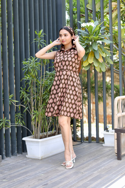 Brown Floral Belted Cotton Short Dress