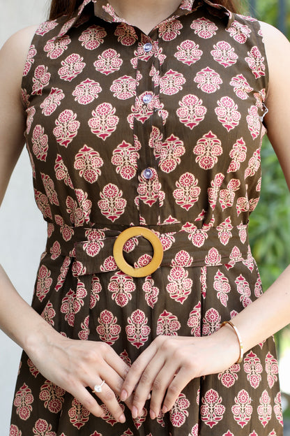 Brown Floral Belted Cotton Short Dress