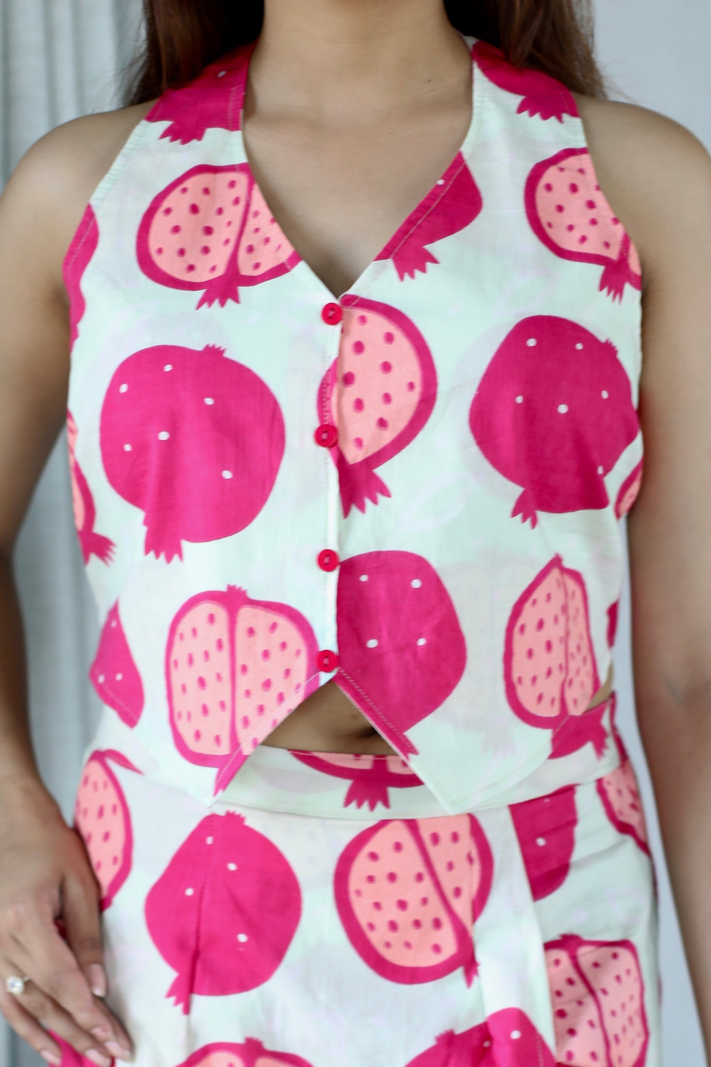 Pink Cotton Halter Neck Crop Top & Mini Skirt Set